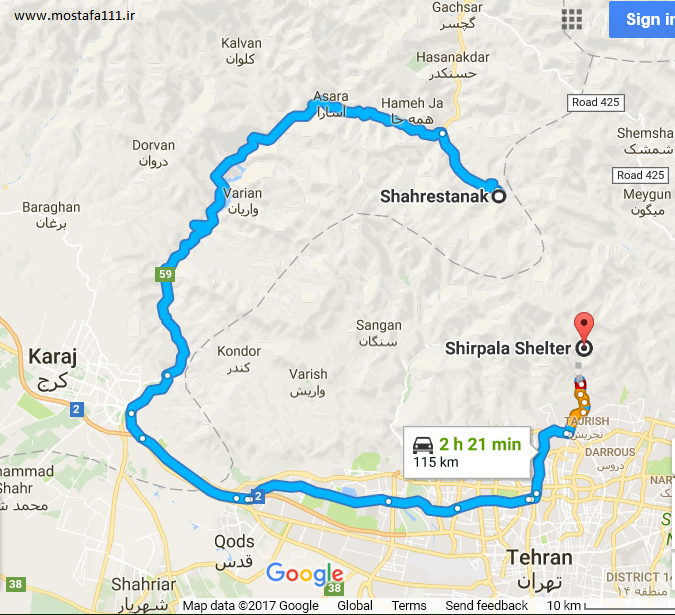 نقشه دسترسی به کاخ ناصرالدین شاهی به هنگام عزیمت از تهران